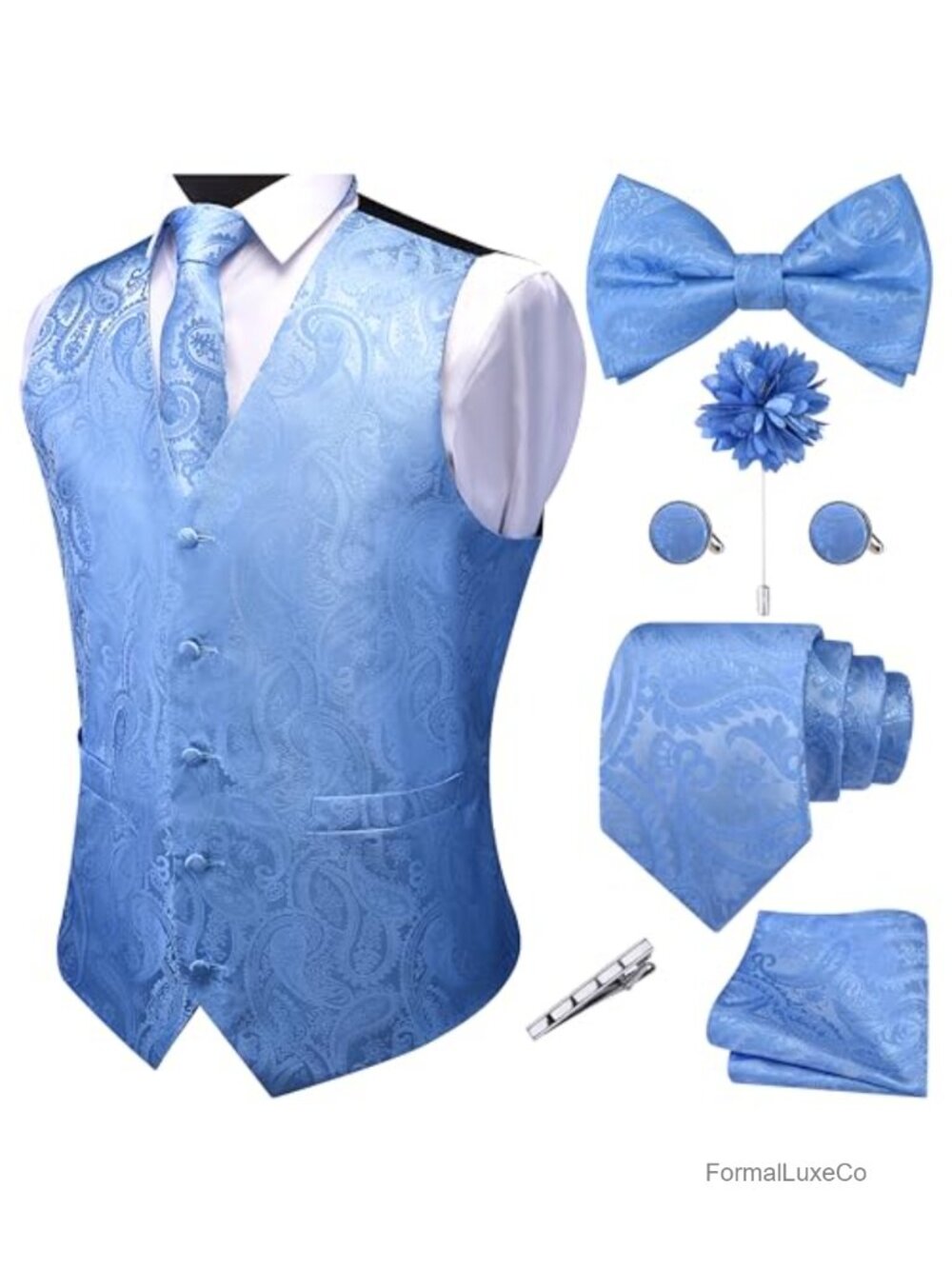 Men's V-Neck Suit Vest Formal Paisley Jacquard Tie Waistcoat Bow Tie Hanky Set